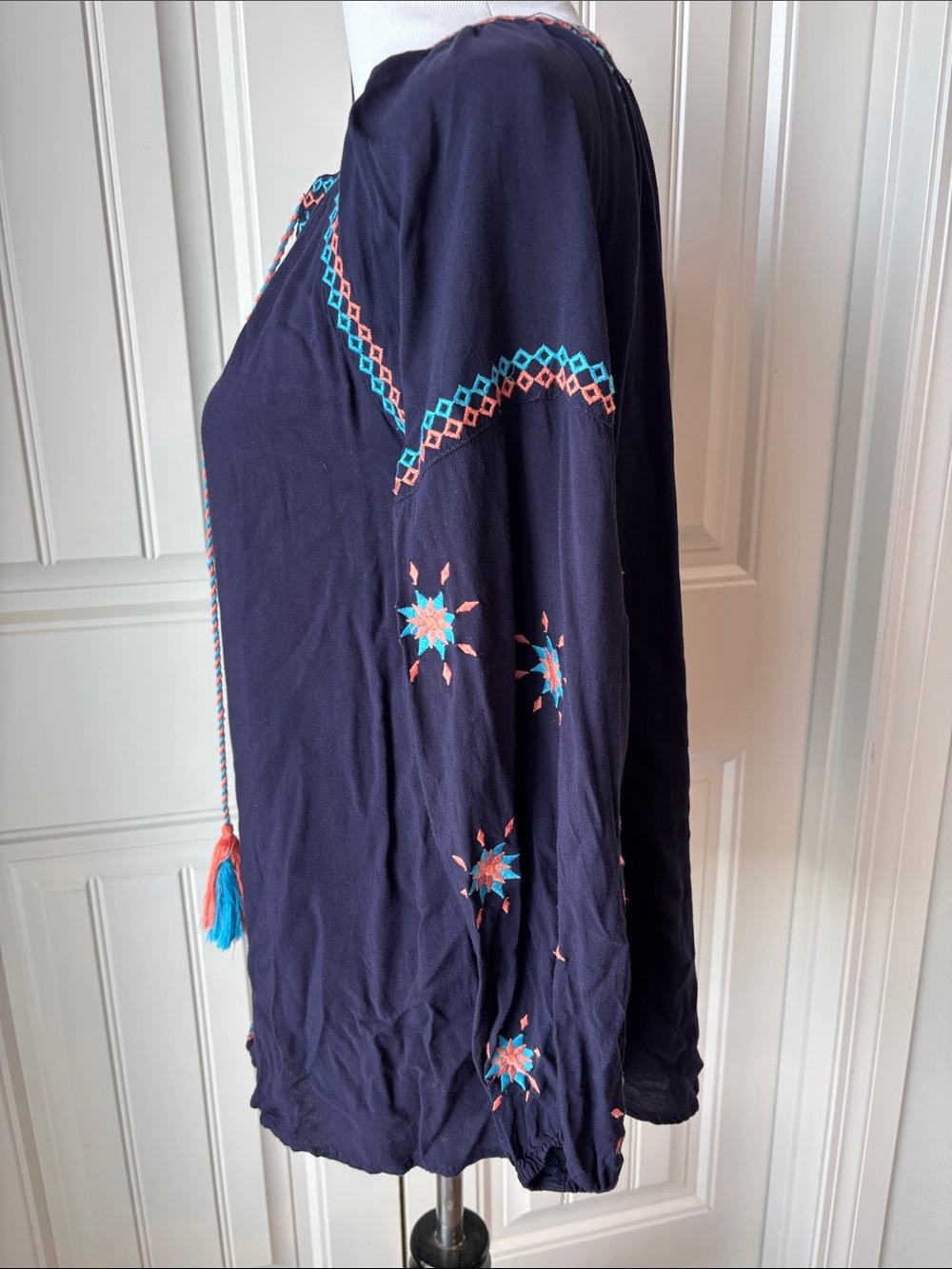 Umgee Navy Boho Embroidered Tassel Peasant Top - Coral & Turquoise Accents - Picture 2 of 6